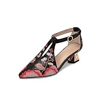 TinaCus Women's Pointed Toe Genuine Leather with Handmade Embroidery Stylish Strap Buckle Chunky Heel Pumps