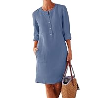 Women Cotton and Linen Button Shirt Dress Plus Size Crewneck Long Sleeve Casual Loose Midi Dresses with Two Pockets