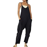 Beach Jumpsuits For Women Summer Boho Casual Loose Overall Jumpsuit Solid Color Suspender Stretchy Jumpsuits With Pocket