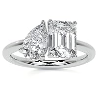 Gold: 10K Solid White Gold Handmade Engagement Rings 2.0 CT Emerald & Pear Manual Cut Premium Simulated Diamond Solitaire Wedding/Bridal Ring Set for Women/Her Propose Rings