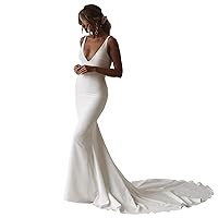 Women's Sexy Mermaid Wedding Dress V-Neck Open Back Boho Wedding Gown Simple Plain Long Satin Beach Bridal Dress