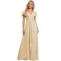 Women's V Neck Chiffon Bridesmaid Dresses Flutter Sleeve Ruffled A-Line Formal Maxi Dress R047