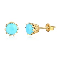 FANCIME 14K Real Solid Yellow Gold Natural Turquoise Stud Earrings 0.845Ct Turquoise Small Bezel Setting Earrings Fine Jewelry for Women 1.33g