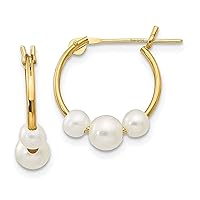14K Yellow Gold White Semi Round Freshwater Cultured 3 Pearl Hoop Earrings