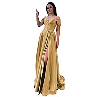 Women's Off Shoulder Prom Dress Pleated Satin Formal Evening Dress with Slit Mermaid Formal Evening