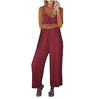 MRGIINRI Jumpsuits for Women 2024 Casual Sleeveless Jumpsuit Adjustable Spaghetti Straps Wide Leg Baggy Overalls with Pockets