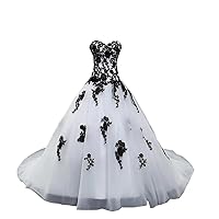 Sweetheart Black Lace Applique A line Tulle Wedding Dress for Bride Corset Back with Train