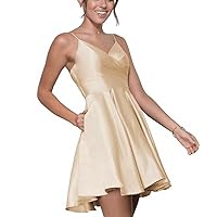 V-Neck Satin Homecoming Dress for Juniors Spaghetti Strap A-Line Cocktail Party Gowns with Pockets