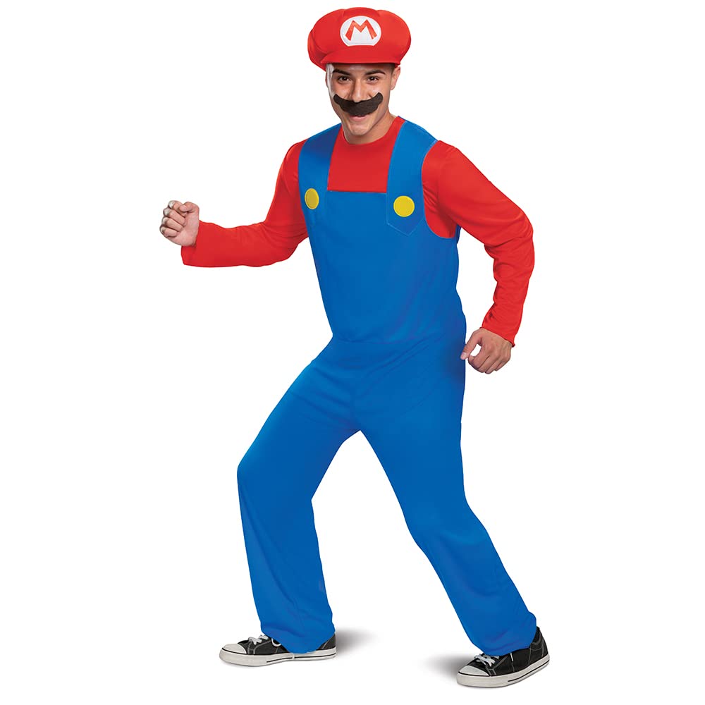 Disguise mens Mario Costume, Official Nintendo Super Mario Bros Adult Costume With Hat and Mustache