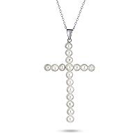 Vintage Style Bridal Simple Religious Freshwater Cultured White Pearl Large Cross Necklace Pendant For Women Wedding Teen .925 Sterling Silver