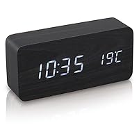 Iris Ohyama ICW-01W-B Alarm Clock, Digital, Temperature and Date Display, Table Clock, Power Saving Mode, Wood Grain Design, Black