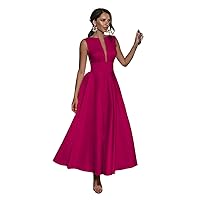 Women's V Neck Prom Dress Sleeveless Satin Evening Party Gowns