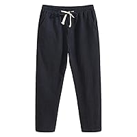 Mens Summer Linen Cropped Pants Straight Wide Leg Elastic Waist Drawstrings Casual Trousers Athletic Fit Workout Joggers