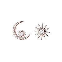 Solid 925 Sterling Silver CZ Moon Star Earrings Stud for Women Teen Girls Moon Sun Studs Earrings Asymmetric