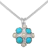 LBG 9ct White Gold Cultured Pearl & Turquoise Womens Vintage Pendant & Chain Necklace - Choice of Chain lengths