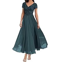 Tea Length Mother of The Bride Dress Plus Size Floral Lace Teal Evening Gowns for Women Formal Wedding, US 16w