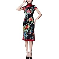 Qipao Dresses Women Silk Chinese Traditional Flower Print Party Wedding Dinner Dress Short Sleeve Cheongsam