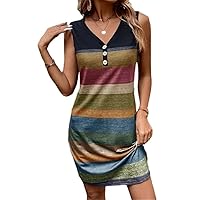 Striped Print Buttons Loose Skirt Women Summer Casual Neck Streewear Pullover Sleeveless Beach Dress