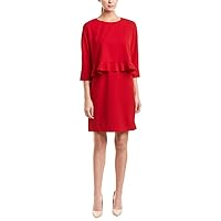 Women's 3/4 Sleeve Solid Crepe Dress with Ruffle Trim Popover