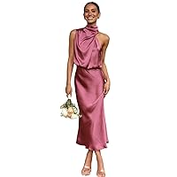 2023 Women Mock Neck Satin Evening Gown Elastic High Waist Wedding Guest Cocktail Elegant Formal Maxi Bridesmaid Dress