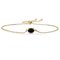 Gem Stone King 18K Yellow Gold Plated Silver Black Onyx Solitaire Bracelet For Women (0.70 Cttw, Gemstone Birthstone, Oval Cut 7X5MM, Fully Adjustable Up to 9 Inch)