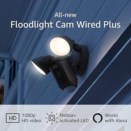 Ring Floodlight Cam Wired Plus with motion-activated 1080p HD video, Black (2021 release)