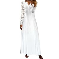 Lace Long Sleeve Wedding Guest Dresses for Women Casual Loose Boho Floral Flowy Maxi Dress Henley v Neck Tshirt Dress