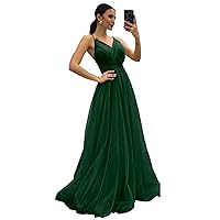 Basgute Tulle Long Bridesmaid Dresses for Wedding 2023 A Line V Neck Maxi Formal Prom Evening Party Gown for Women