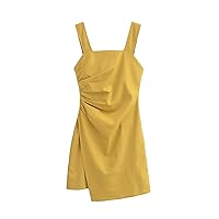 Xaspee Women's Linen Strap Tank Dress Summer Casual Square Neck Back Zip Ruched Sleeveless Mini Dress