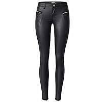 Solid Black PU Leather Stylish Pants Women High Waist Slim Retro Party Legging Stretchy Trousers with Button
