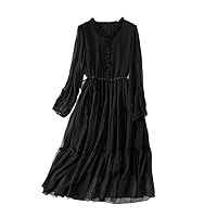 Women's Summer Dress,Korean V-Neck Midi Real Silk Elegance