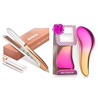 Rose Gold Hair Straightener and Pink Orange Detangling and Comb Set by Lily England