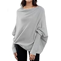 Womens Oversized Sweater Solid Color Batwing Long Sleeve Boatneck Sweaters Tunic Blouses Fall 2023 Comfy Knit Sweater