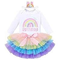 IMEKIS Baby Girl Boho Rainbow 1st 2nd Birthday Outfit Romper + Tutu Skirt + Headband Long Sleeve Cake Smash Photo Shoot