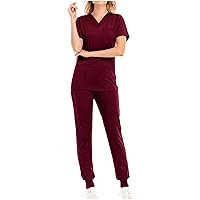 Multiple Pockets Scrubs Set Women Nurse Uniform 2Pieces Outfit Solid Short Sleeve V-Neck Scrub_ Tops & Jogger Pants