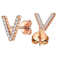 Hypoallergenic Initial Earrings Rose Gold Plated Dainty Minimalist Jewelry Cubic Zirconia Alphabet A-Z Letter Stud Earrings for Women Girls Sensitive Ears, Letter V