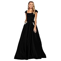 Women's Satin Prom Dress A Line Evening Gowns with Pockets