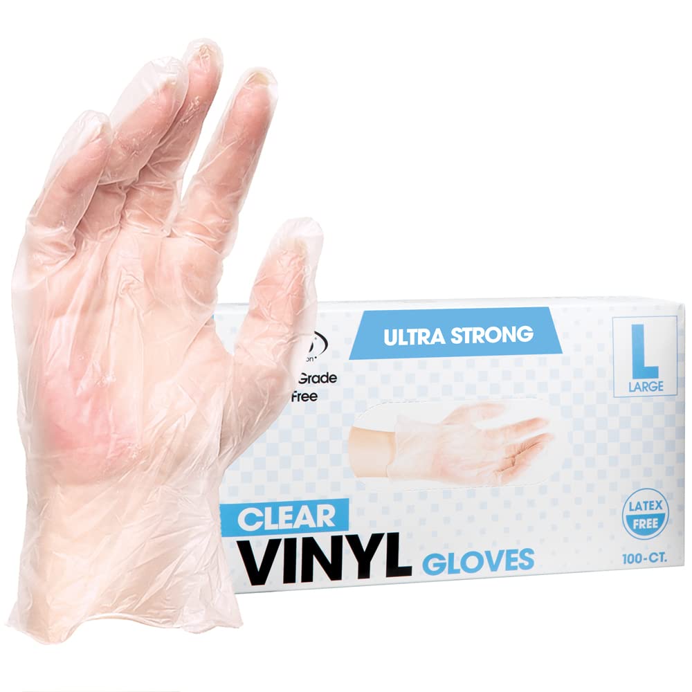 ForPro Disposable Vinyl Gloves, Clear, Industrial Grade, Powder-Free, Latex-Free, Non-Sterile, Food Safe, 2.75 Mil. Palm, 3.9 Mil. Fingers, Large, 100-Count