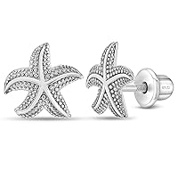 925 Sterling Silver Starfish Sea Nautical Safety Screw Back Earrings For Girls- Sea Life Star Fish Earrings For Young Girls - Sweet Ocean Life Earrings For Girls