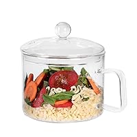 Glass Soup Bowl with Lid and Handle, 47 FL OZ Glass Ramen Noodle Bowl Microwave Safe, Clear Glass Simmer Pot for Cooking on Stove