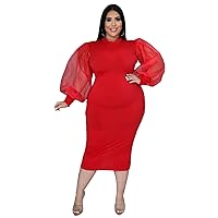 Ekaliy Women's Plus Size Bodycon Dress Elegant Lantern Long Sleeve Mesh Solid Sexy Evening Party Maxi Long Dress