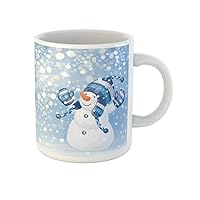Coffee Mug Blue Christmas of Happy Snowman and Snowfall Cartoon Winter 11 Oz Ceramic Tea Cup Mugs Best Gift Or Souvenir For Family Friends Coworkers
