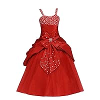 Girl's Taffeta Straps Beads Pageant Dress A Line Sleeveless Princess Ball Gowns Flower Girl Dress Orange Red