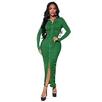 Fall Dresses for Women 2023 Ruched Button Through Bodycon Dress Dresses for Women (Color : Green, Size : X-Small)