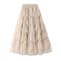 Fashionable Long Tutu Tulle Skirt for Women Spring Summer Elegant Solid A Line High Waist Tiered Mesh Skirt Female