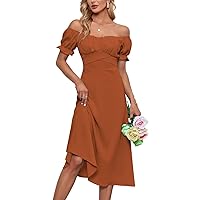 LYANER Women's Off Shoulder Wrap Ruffle Puff Short Sleeve Ruched Tie Back Dress