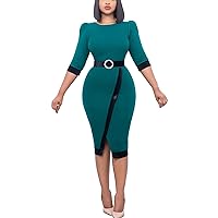 Formal Work Pencil Dress for Women Retro Lace 3/4 Sleeve Business Guest Cocktail Midi Wrap Dresses