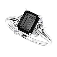 Love Band 1 CT Vintage Floral Emerald Shape Black Diamond Ring 14k White Gold, Filigree Black Engagement Ring, Nature Inspired Black Onyx Ring, Gorgeous Ring For Her
