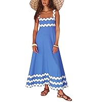 Women Summer Dresses 2024 Spaghetti Strap Sleeveless Boho Rickrack Trim Flowy Beach Maxi Dress A-Line Midi Sundress