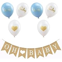 OH BABY Banner & Balloon Set - Pre-strung Assembled Burlap Garland - 6 Blue Gold & White Balloons - Its A Boy with Hearts - Baby Shower Gender Reveal Decor by Jolly Jon